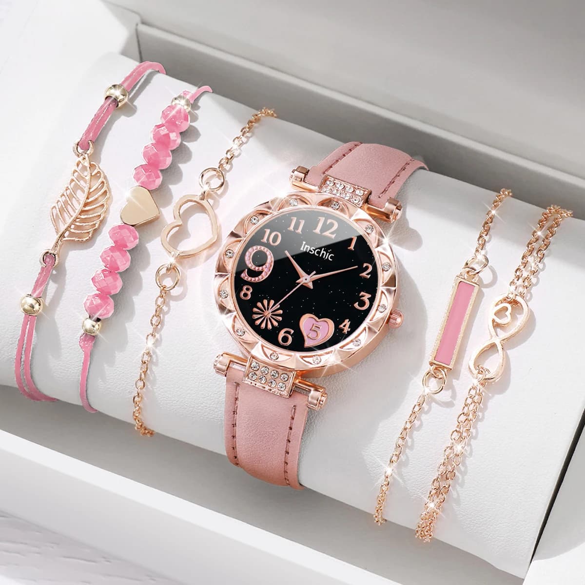 6 pcs/set woman's watch with heart-shaped dial, casual leather strap, quartz analog watch, leaf bracelet set (without box)