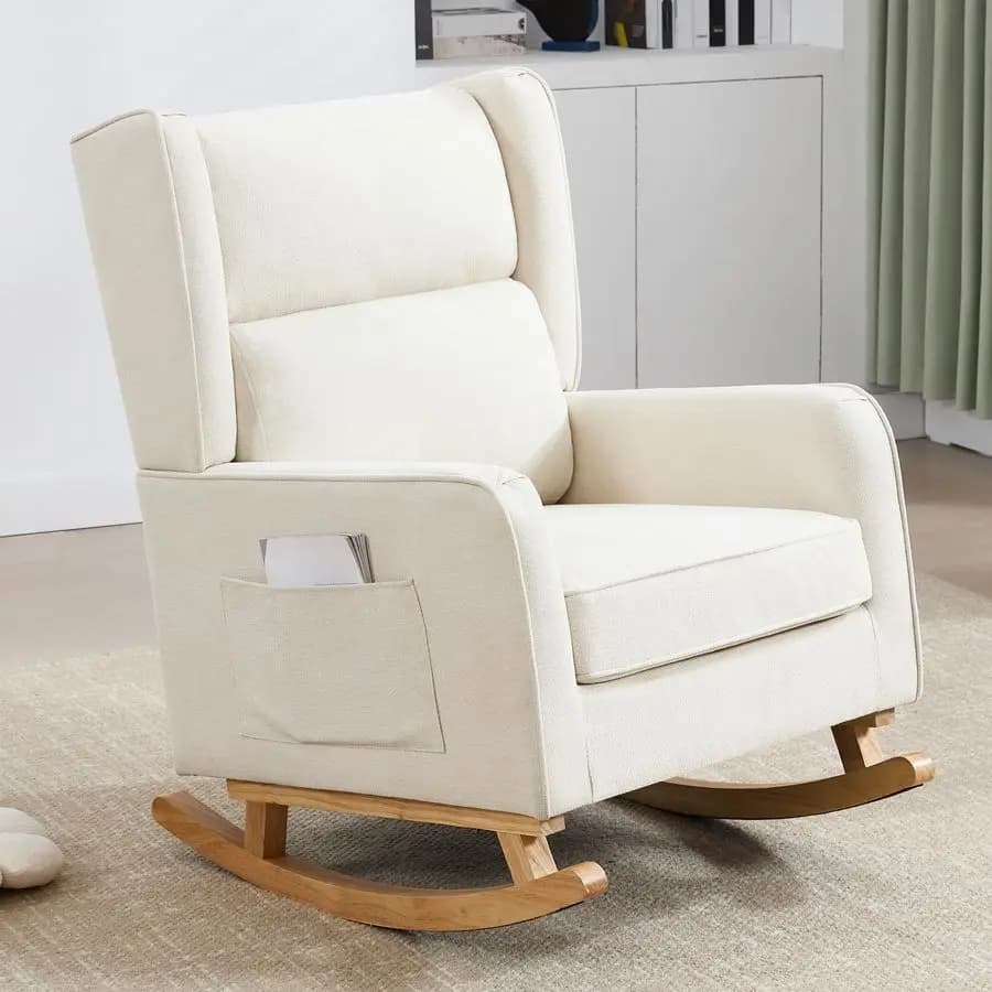 Sedia a dondolo per la cameretta, con schienale alto e gambe in legno massello, beige, moderna, con schienale a orecchioni