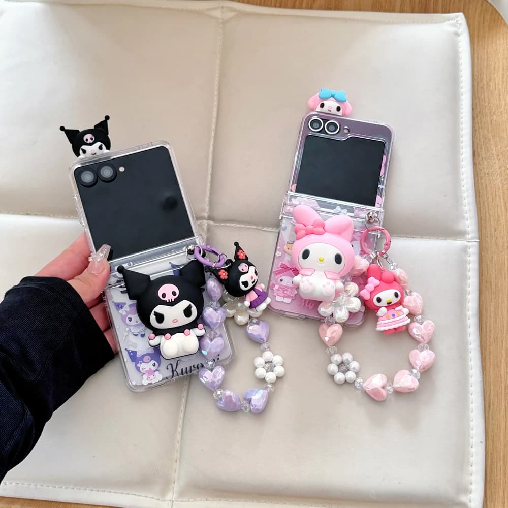 Custodia per telefono 3D Sanrio My Melody Kuromi con supporto a cartone animato, cover rigida con cordino per Samsung Galaxy Z Flip 7 6 5 4 3