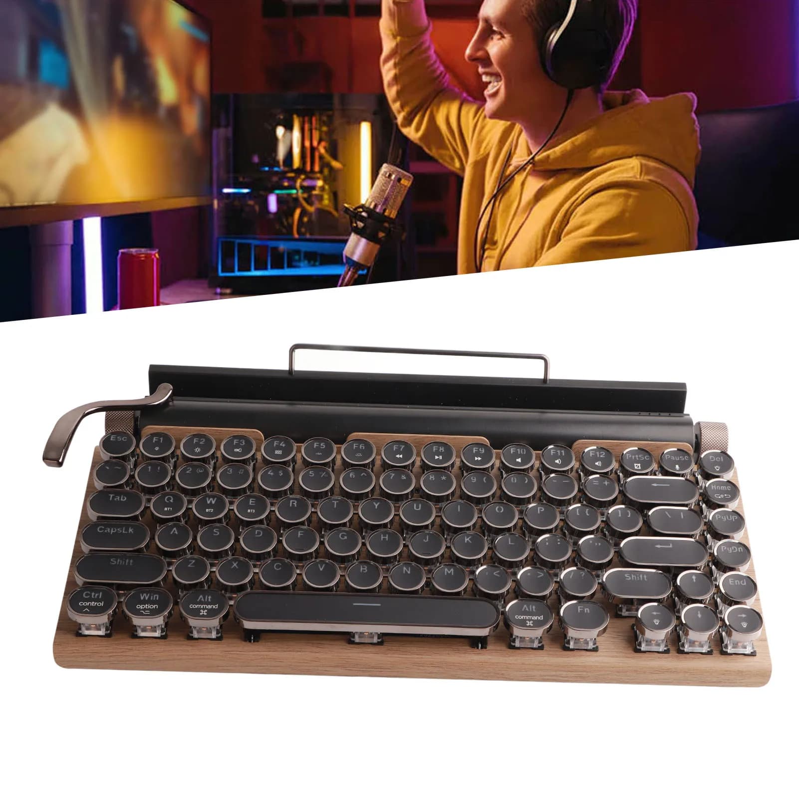 Tastiera per macchina da scrivere Tastiera meccanica Bluetooth wireless vintage da 83 tasti con tastiera meccanica blu rotonda in metallo