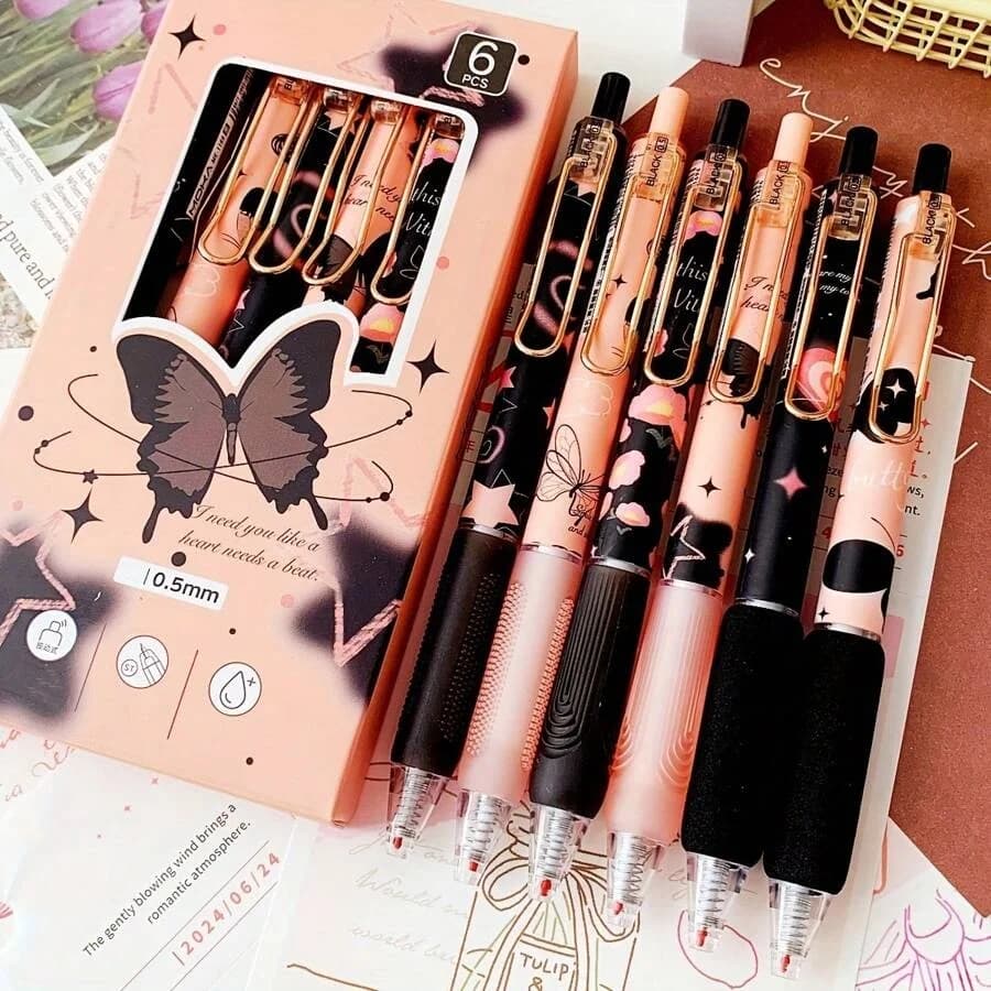 6 pezzi Set di penne gel a farfalla 0,5 mm inchiostro nero fiore rosa penne a sfera dolci per la scrittura materiale scolastico per studenti A3089