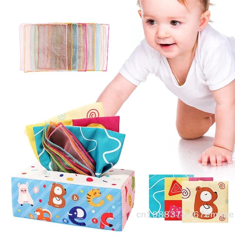 Giocattoli Montessori per neonati, divertenti libri in tessuto infrangibili con anelli e scatole di carta per bambini e bambine da 6 a 12 mesi