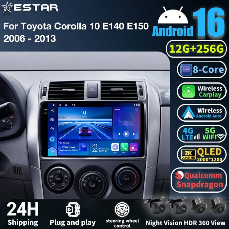Android 16 Car Radio For Toyota Corolla 10 E140 E150 2006 - 2013 GPS Multimedia Player Navi Head Unit 360 Camera Stereo DSP QLED