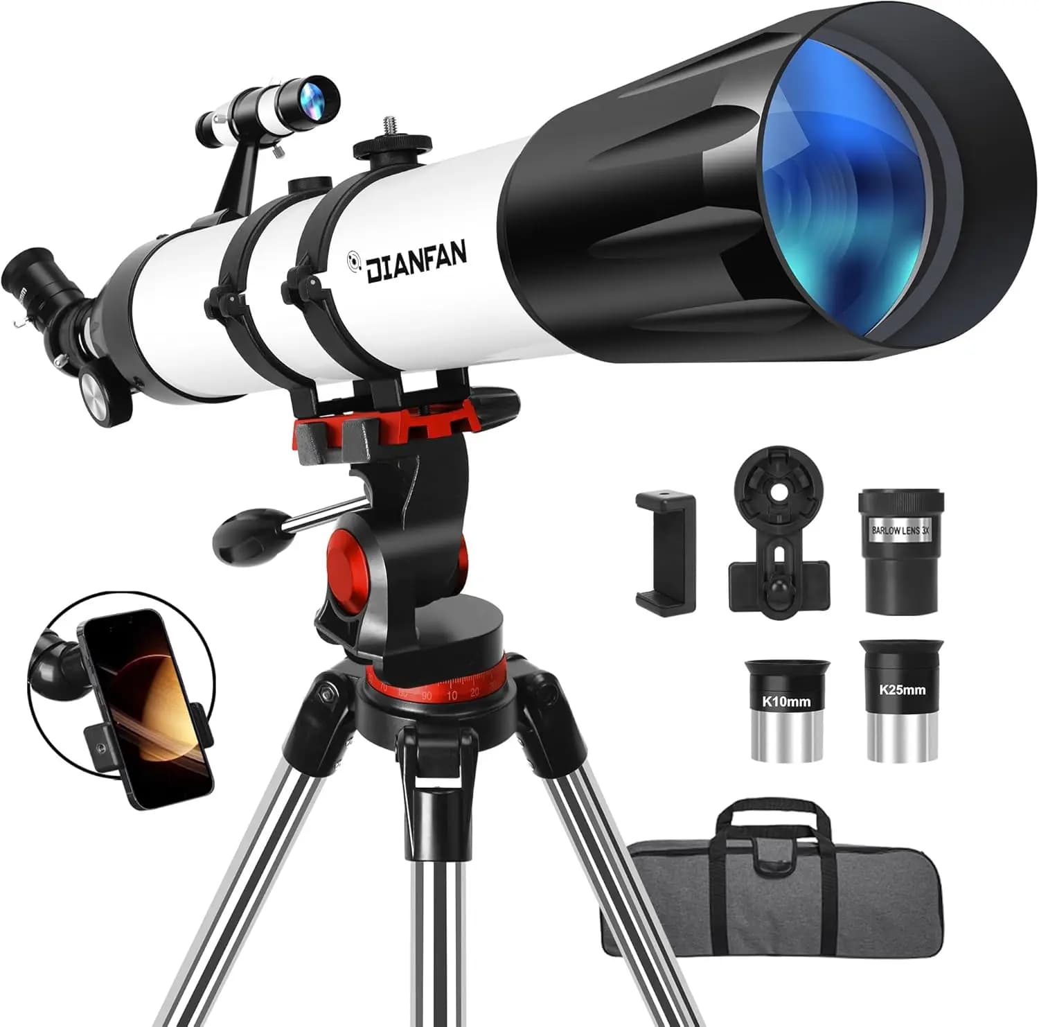 Telescopio Rifrattore Portatile con Apertura 90mm e Lunghezza Focale 800mm per Principianti di Astronomia, con Treppiede e Adattatore per Telefono