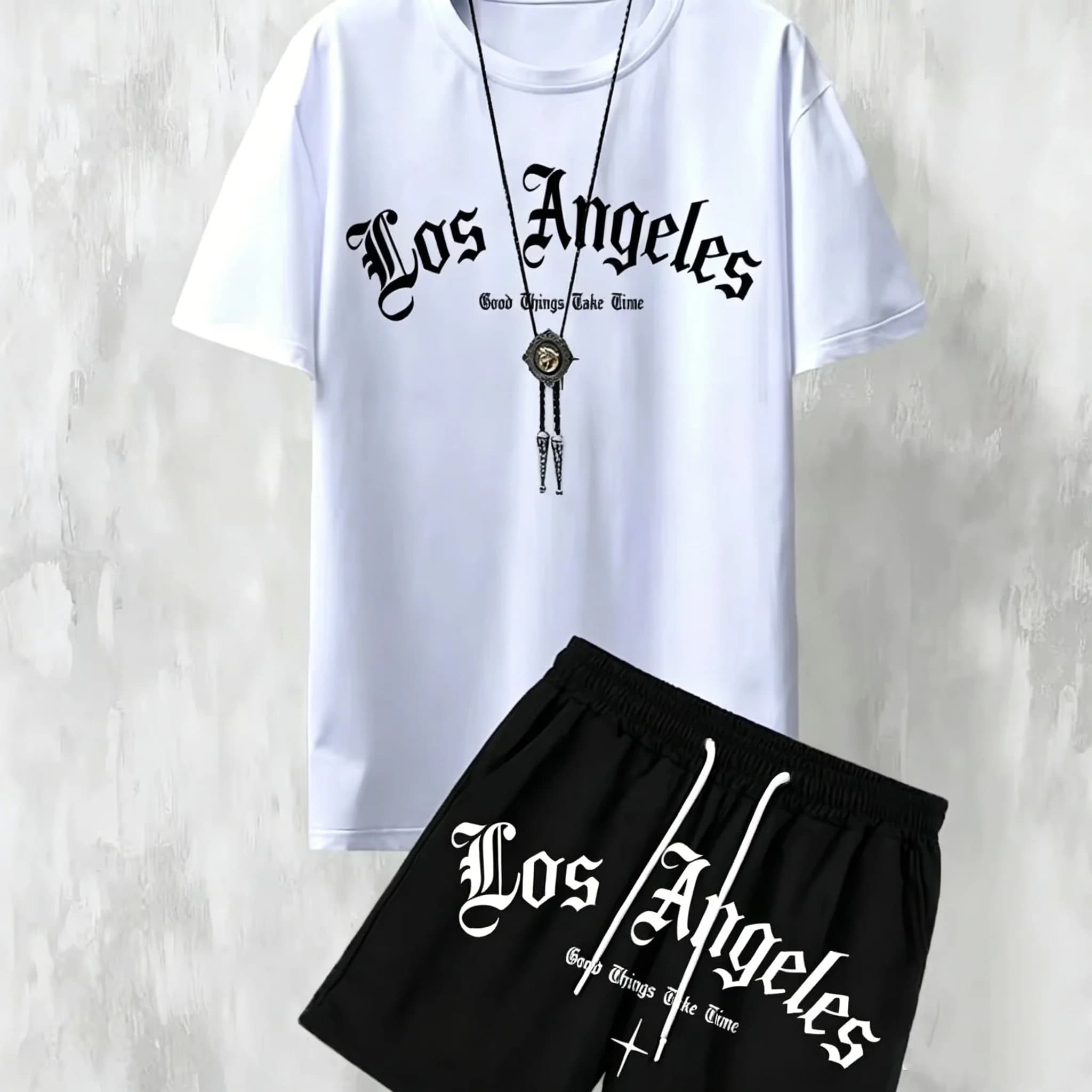 New Men's Casual Los Angeles Letter Printed Comfortable Breathable T-shirt Shorts Set Outdoor Comfortable Two Piece Set