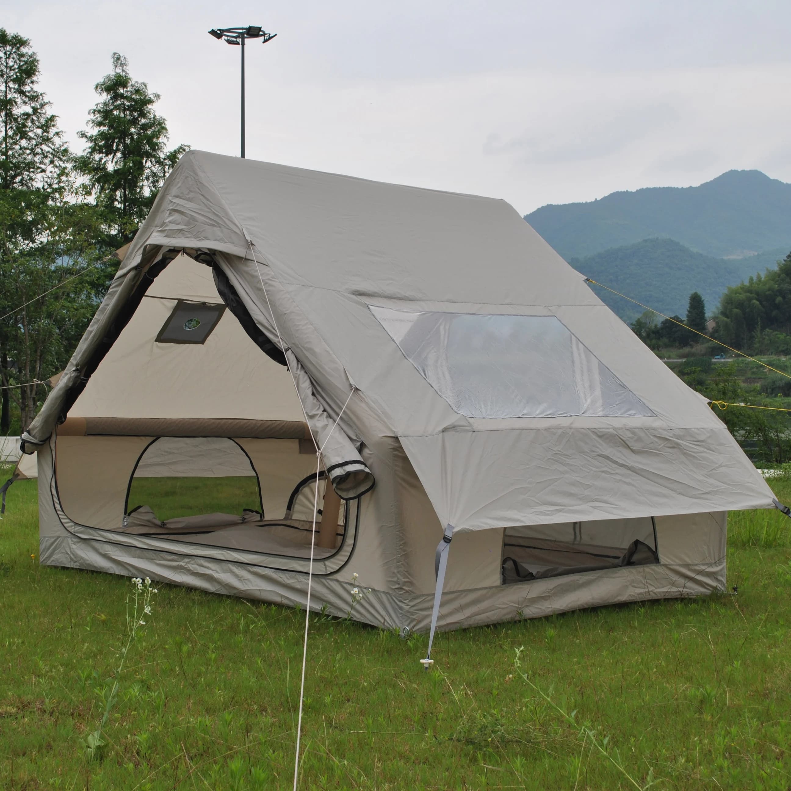 Inflatable Camping Tents with Hand Pump,Air Glamping Tent,4 Person Blow up Tent,Oxford Cabin Tent with Mesh Window & Stove Jack.