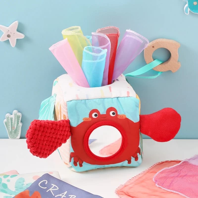 Cotone Cartoon Granchio Scatola di fazzoletti magici Sonaglio per bambini Giocattoli per esercizi con le dita per neonati di età compresa tra 0-12 mesi Giocattoli rilassanti per il bambino