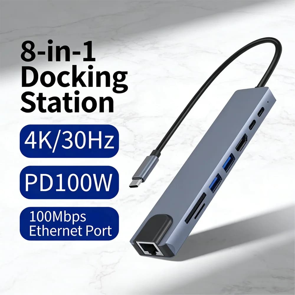 Docking Station USB-C 8-in-1: Adattatore HDMI 4K, Ricarica Rapida PD 100W, Ethernet Gigabit, 2xUSB, Lettore SD/TF per Laptop