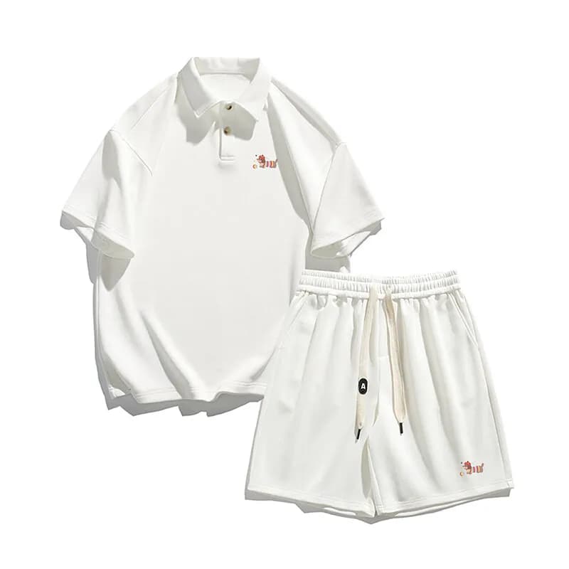 Men's Solid Color Polo & Shorts Set with Puppy Print - Breathable Cotton 2-Piece Outfit with Drawstring Waist Casual Summer Sets