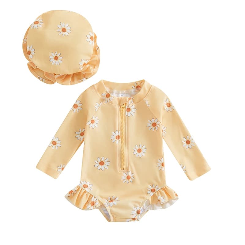 Costume da bagno per bambina con protezione solare floreale e cappello, costume da bagno con cerniera a maniche lunghe