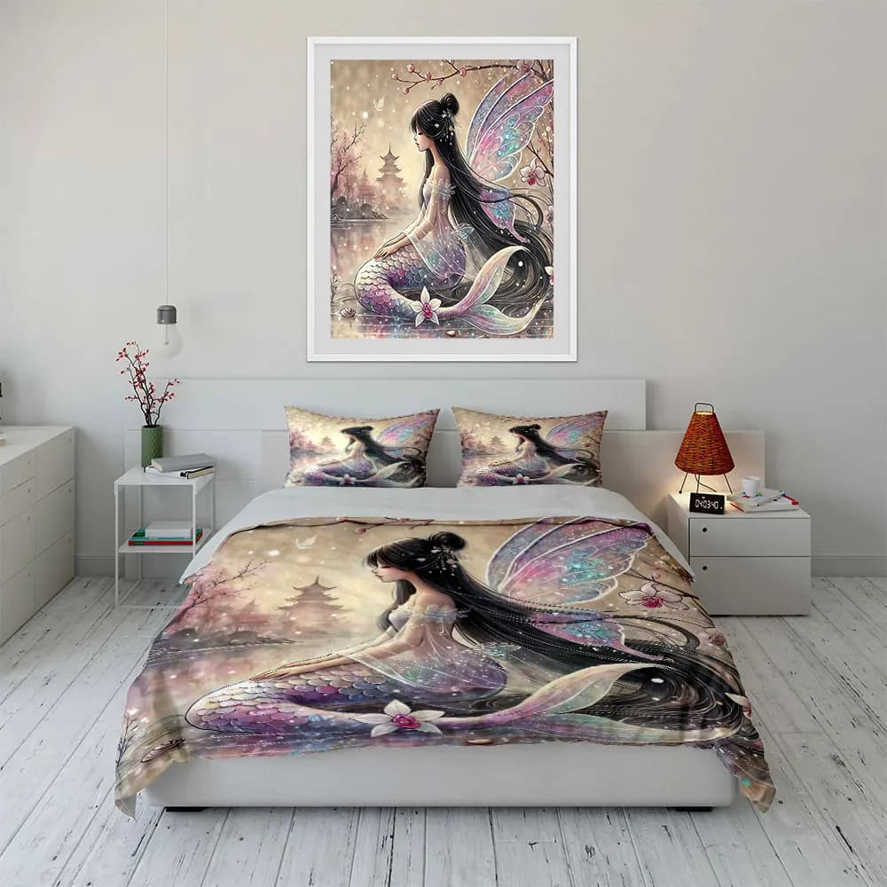 Set di biancheria da letto Fairy Mermaid Art Decor Set con 1 copripiumino e 2 federe, singolo, matrimoniale, king size, queen size, regalo