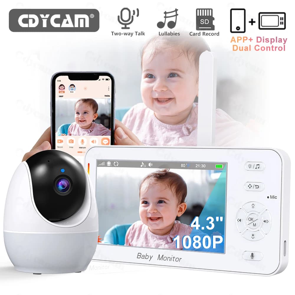 WiFi 1080P Baby Monitor Display da 4.3 "+App Doppio Controllo Nanny Visione Notturna Ninne nanne Promemoria Alimentazione Luce Notturna PTZ Baby Camera