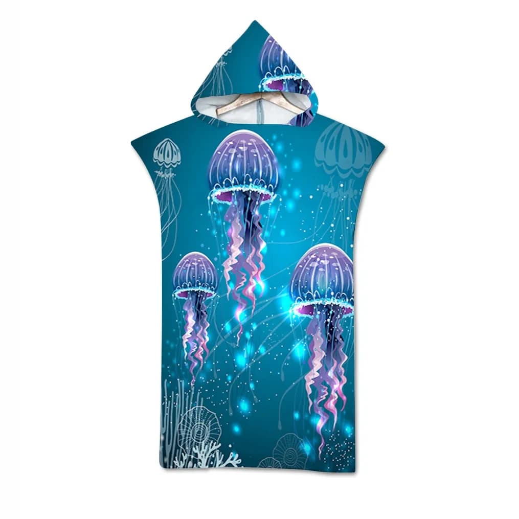 Beach towel with Jelly Fish print with hood Microfiber cap towel with hood Swim poncho Beach Surf Woman Bathrobe Beachwear