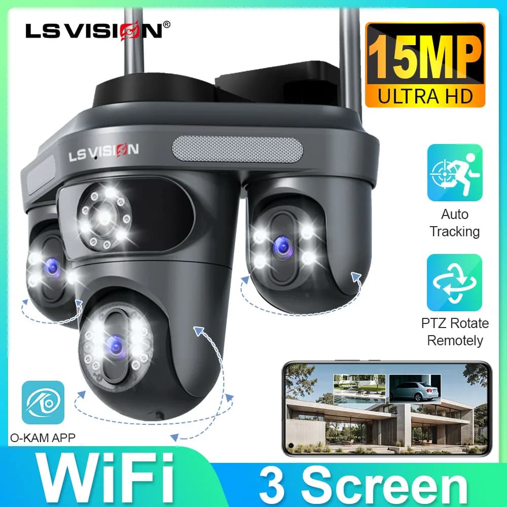 LS VISION Telecamera a tre schermi WIFI 15MP 6K Monitor a tre obiettivi Visione notturna Protezione di sicurezza 3 lenti PTZ Video sorveglianza