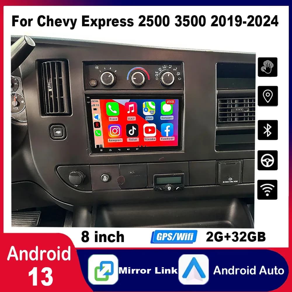 Navi GPS per autoradio da 8 pollici compatibile per Chevy Express 2500 3500 2019-2024 Android 13 adatto per Carplay e Android Auto