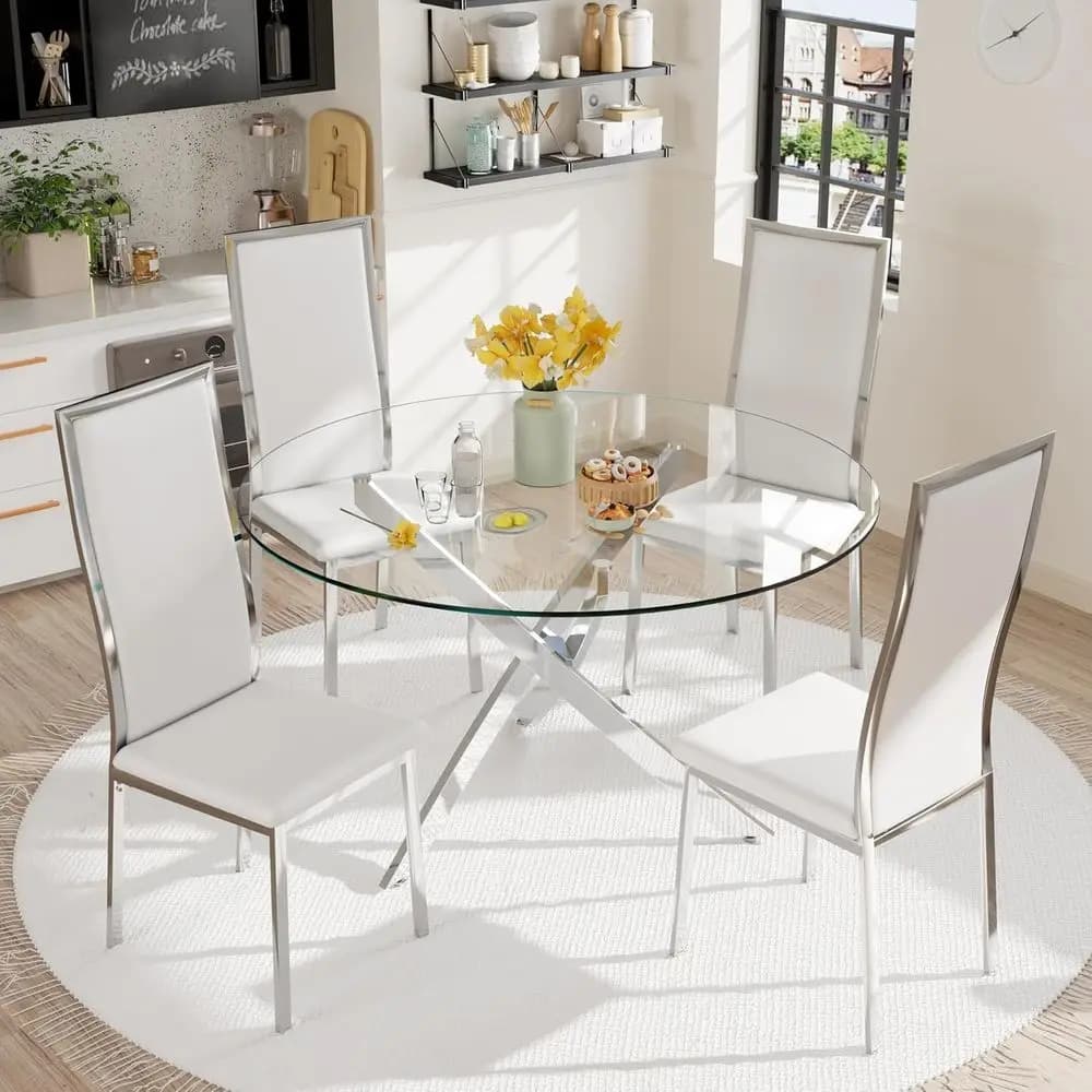 Set di 4 sedie da pranzo moderne Mid-Century, in similpelle bianca con gambe in metallo argentato, schienale alto curvo e cuscini effetto nuvola, non-S