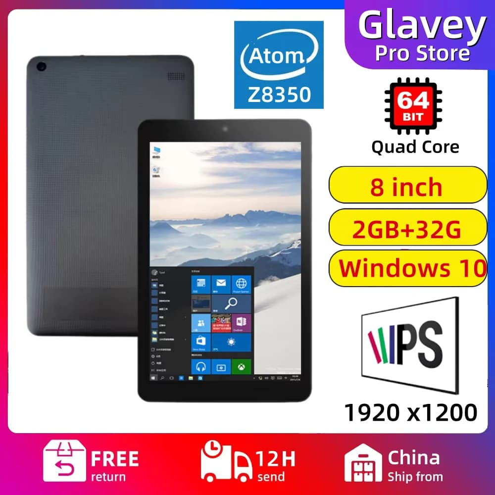 8 inch Windows 10 Tablet on special offer, Intel Atom X5-Z8350 64-bit Quad Core, 2GB DDR3 RAM, 32GB eMMC memory, WIFI, IPS 1920x1200 screen, double camera.