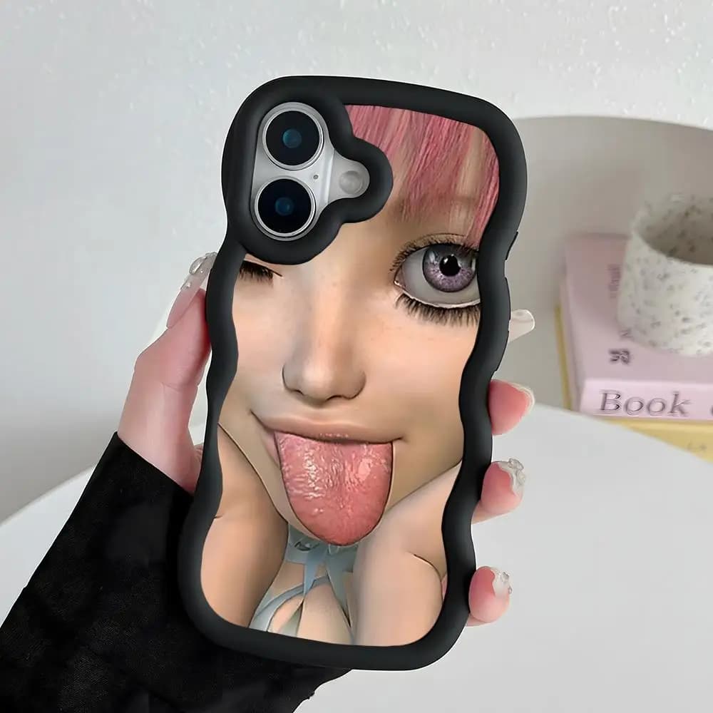 Y2K Girl Teena CLMJ Phone Case for iPhone 17 16 15 14 13 12 11 Air Pro Max Plus Black Soft TPU Wavy Edge Cover