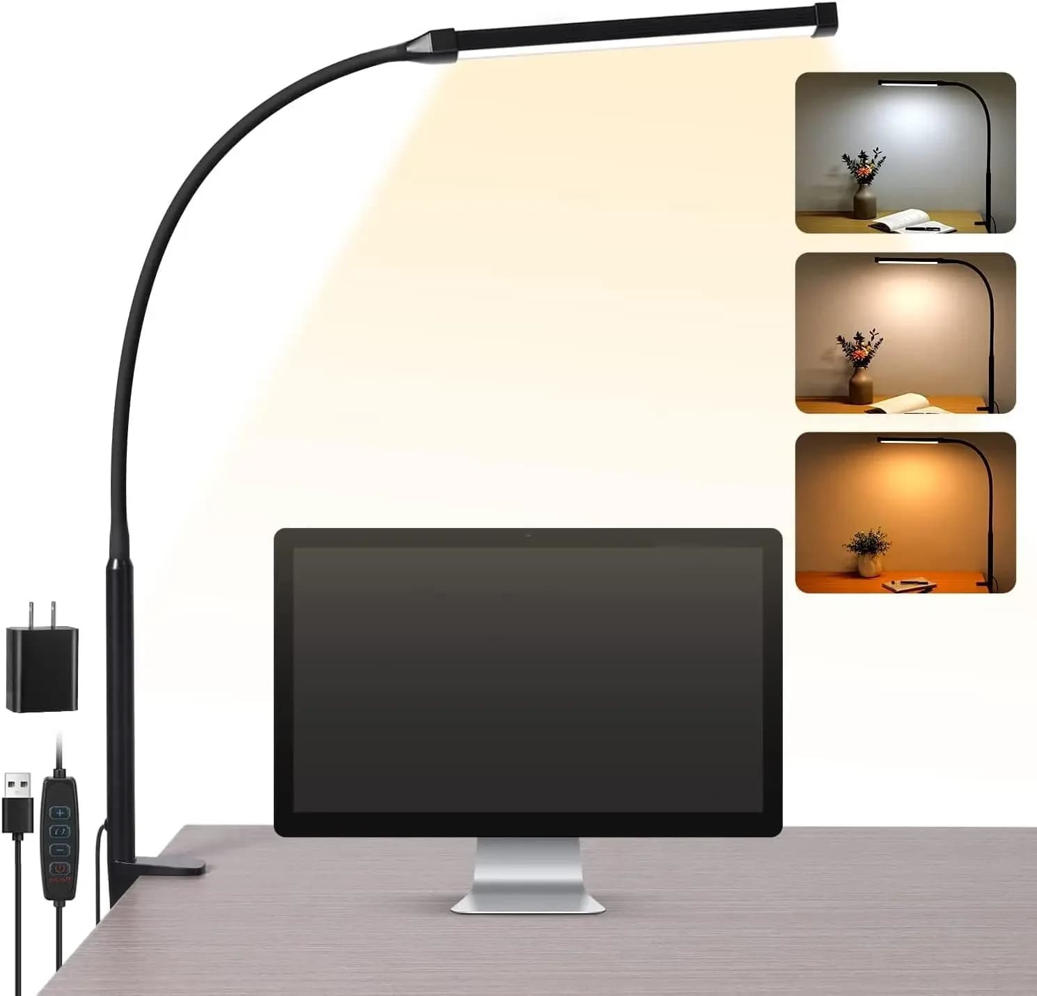 Lampada da scrivania flessibile a LED con morsetto, 3 modalità e 10 livelli di luminosità, luce che protegge gli occhi per casa e ufficio