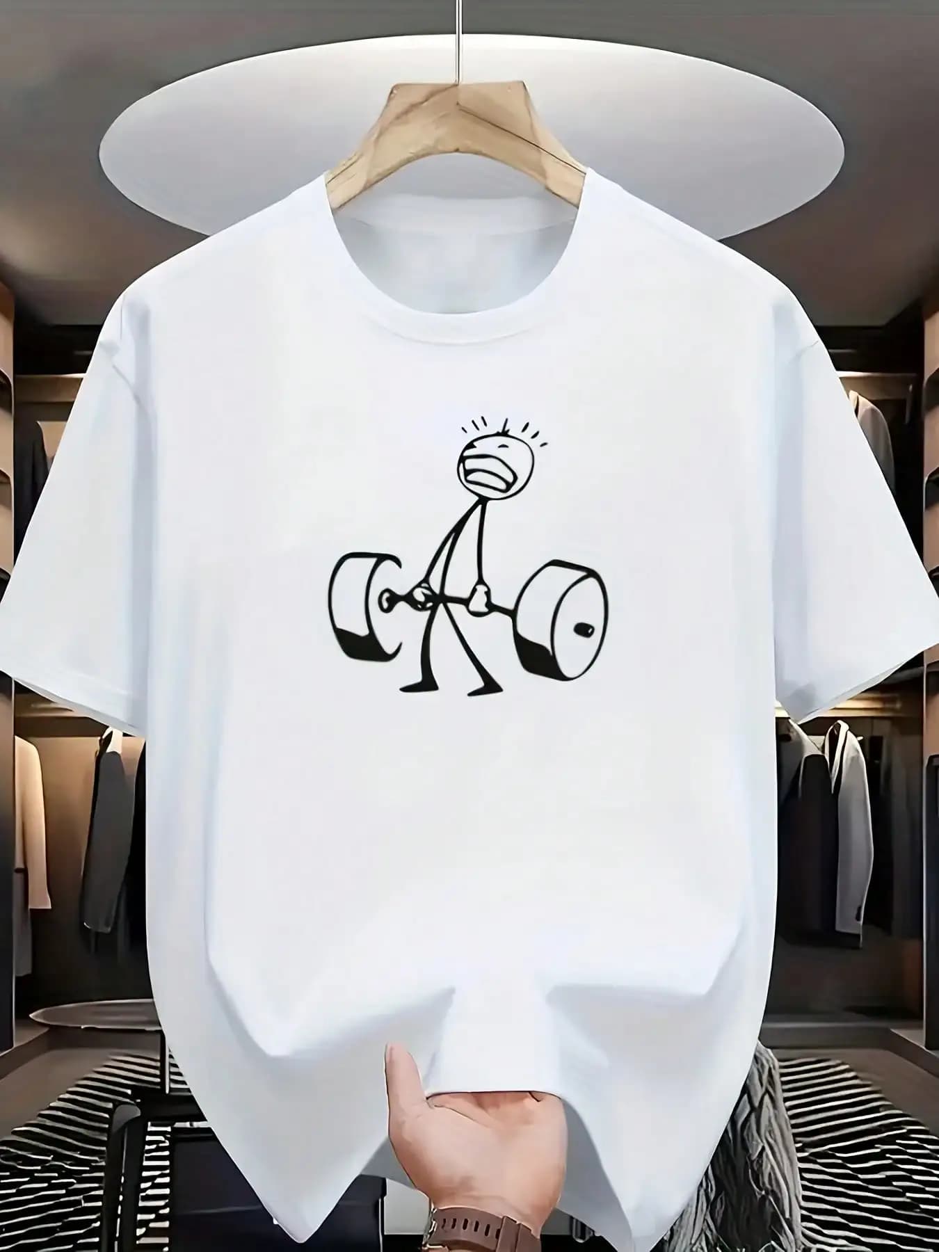 Divertente maglietta da sollevamento pesi con stampa di manubri e bilancieri - Maniche corte, girocollo, casual estivo, abbigliamento divertente per il fitness