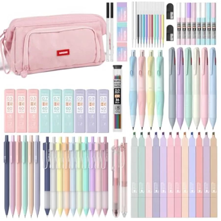 Set di Cancelleria Estetica con Astuccio Carino, 12 Evidenziatori Pastello, 12 Penne Gel a Colori e Nere, 10 Matite Meccaniche 0.5 0
