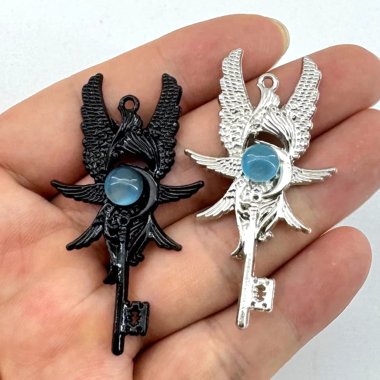 10PCS Moonstone Angel Wings Key Pendant Necklace Retro Luxury Men's and Women's DIY Accessories