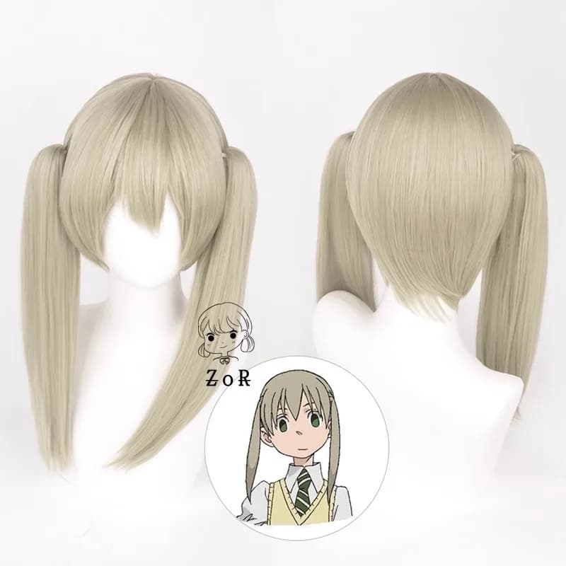 Parrucche Cosplay Anime Maka Albarn Lino Doppio clip Coda di cavallo Parrucca cosplay per capelli sintetici resistenti al calore + cappuccio per parrucca