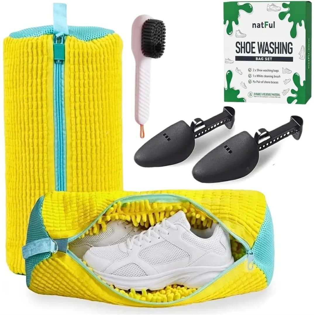 Confezione da 2 Sacche per Lavaggio Scarpe con Spazzola e Tendiscarpe, 360 ° Borsa per Sneaker Resistente per Pulizia Profonda, Adatta a Tutte le Taglie
