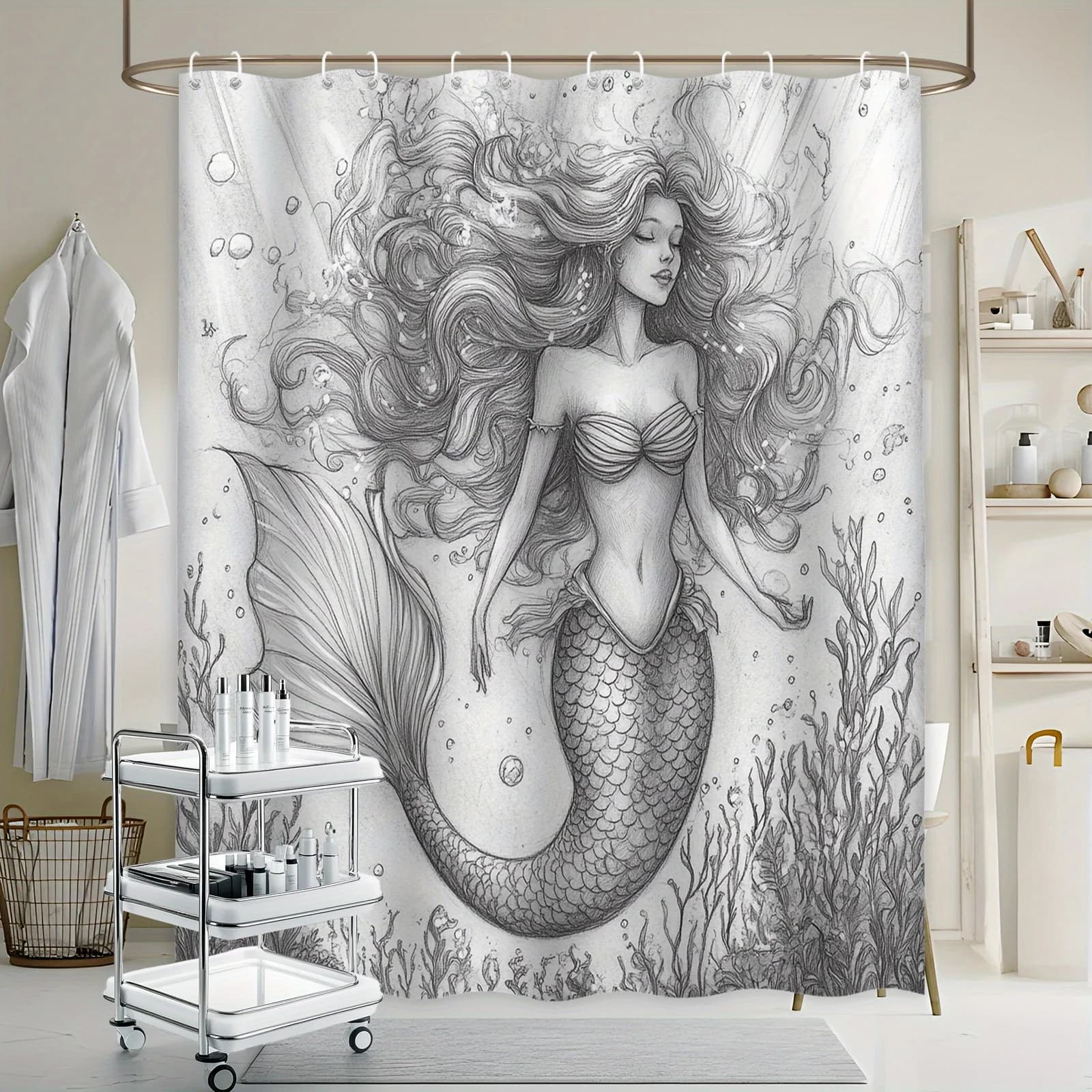 Tenda da doccia a sirena Schizzo in bianco e nero Design artistico Tema oceano Tessuto impermeabile Fantasia Arredamento bagno