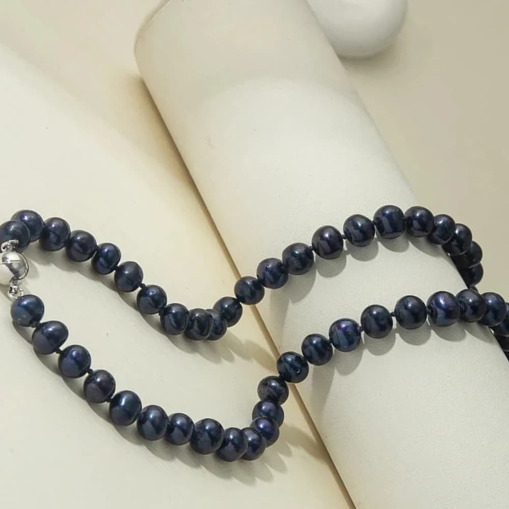 Black Natural Freshwater Pearls Necklace 7-8mm Round Shape With Magnet Buckle Genuine Beaded for Women Fine Jewelry 1 Strand
