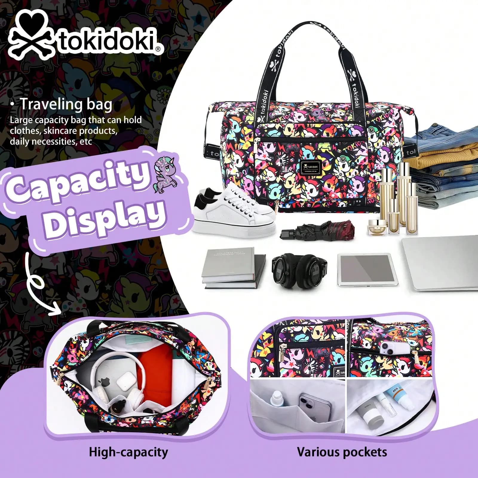 Official Licensed Tokidoki Duffle Bag 40L Large Capacity Travel Bags Expandable Weekender Bags For Women Luggage Bag For Sports Gym Vacation