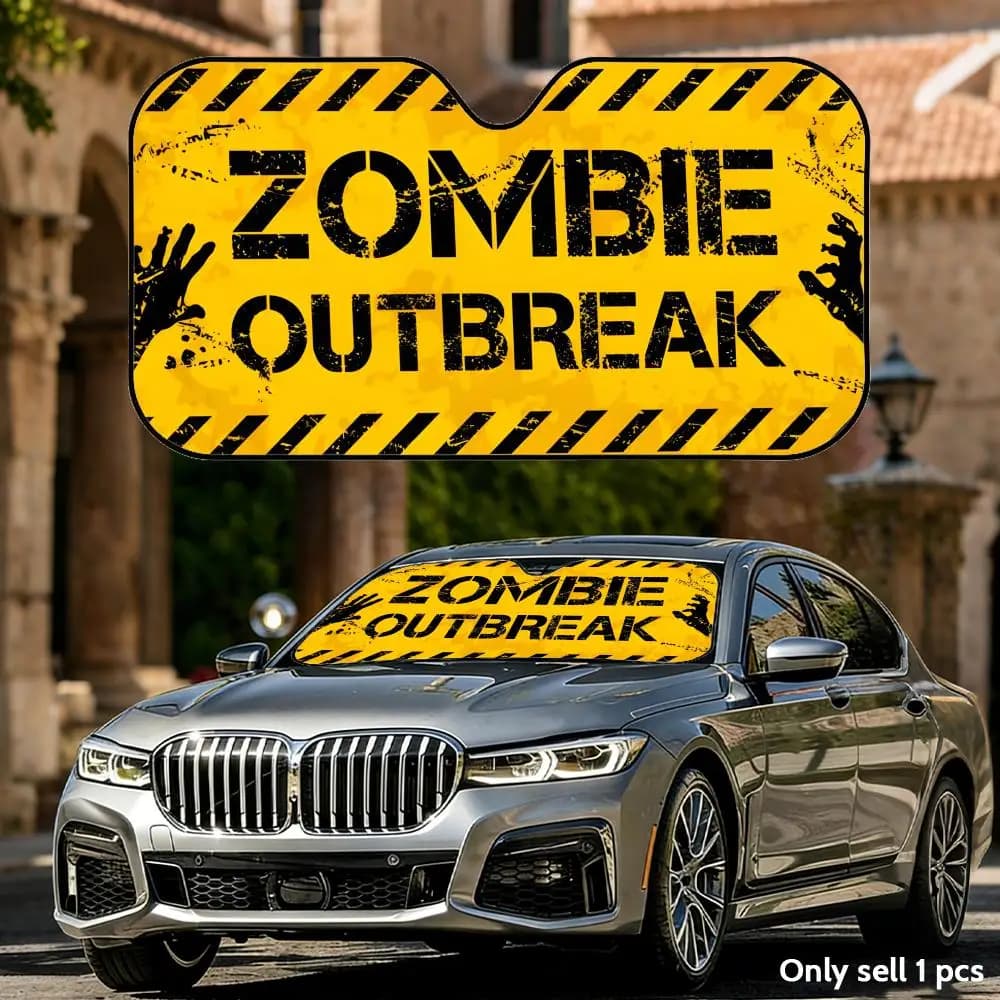 Parasole Zombie Warning in lamina di alluminio per parabrezza, protezione UV, copertura isolante dal calore, pieghevole, riutilizzabile