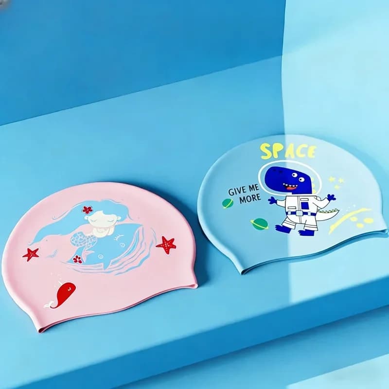 Silicone children's swim cap with cartoons, waterproof, for long hair, unisex, with ear protection, portable