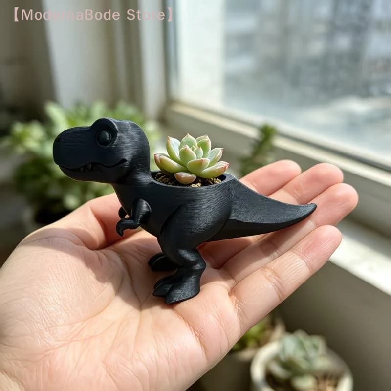 【M】Mini T-Rex Dinosaur Planter 3D Printed, Retro Plastic Pot for Cacti Herbs, Cute Indoor Outdoor Plant Decor