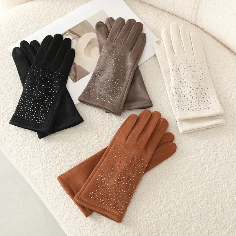 Women Autumn Winter Suede Hot Diamonds Gloves Keep Warm Touch Screen Thin Outdoor Windproof Cycling Drive Elasticity