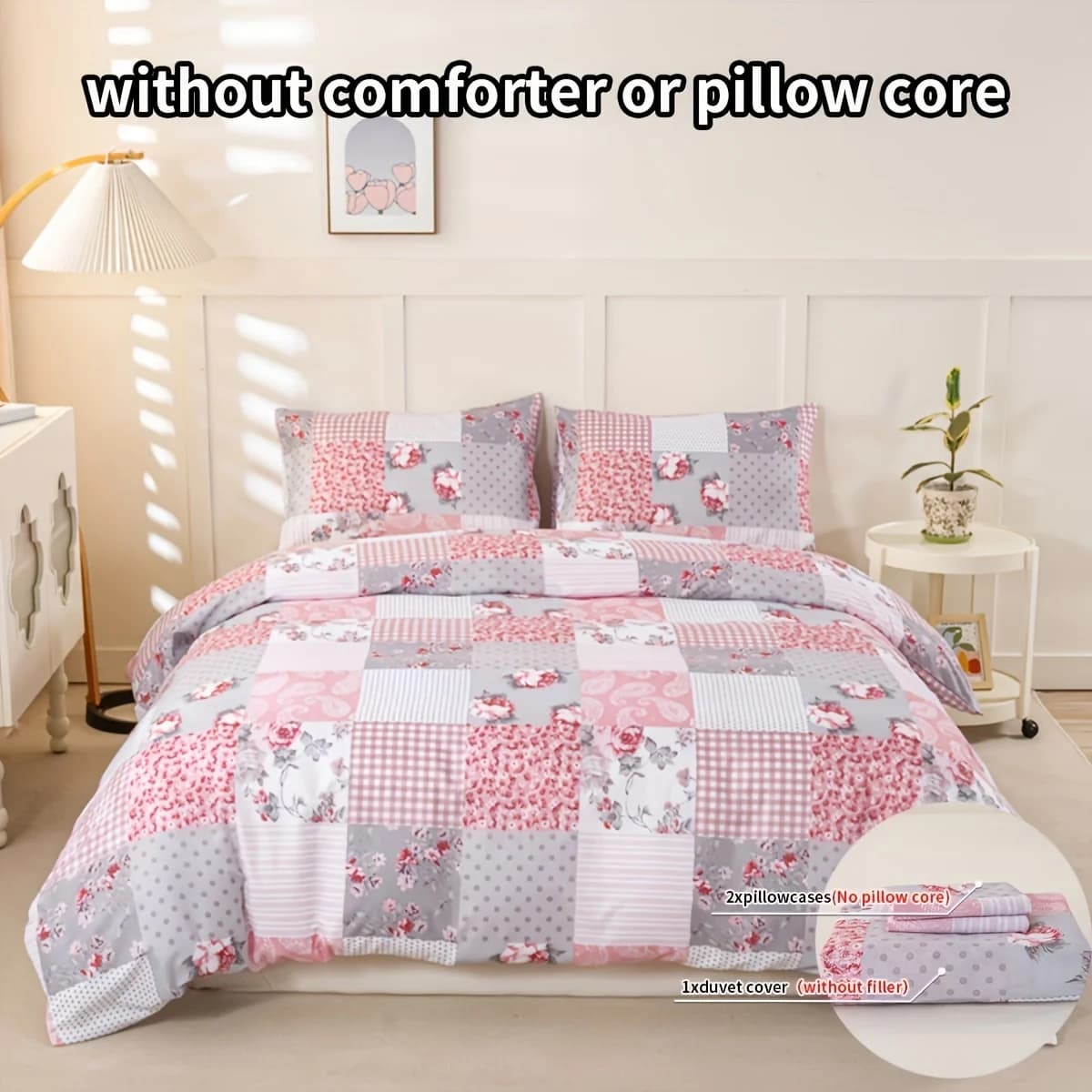 Set duvet with floral pattern of 3 pieces, soft and delicate bedding set on the skin includes 1 duvet and 2 pillowcase