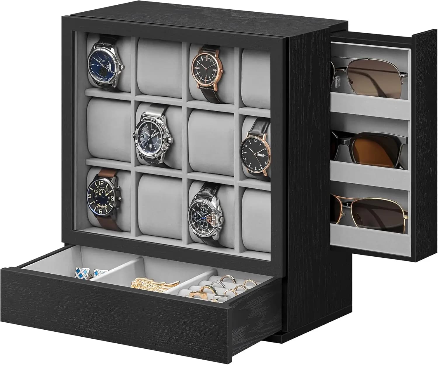 Scatola Porta Orologi a 12 Scomparti con Finestra, Conservazione Verticale, Impiallacciatura in Legno Massello, Fodera in Velluto, Salvaspazio, Regalo per Uomo, Nero Ebano