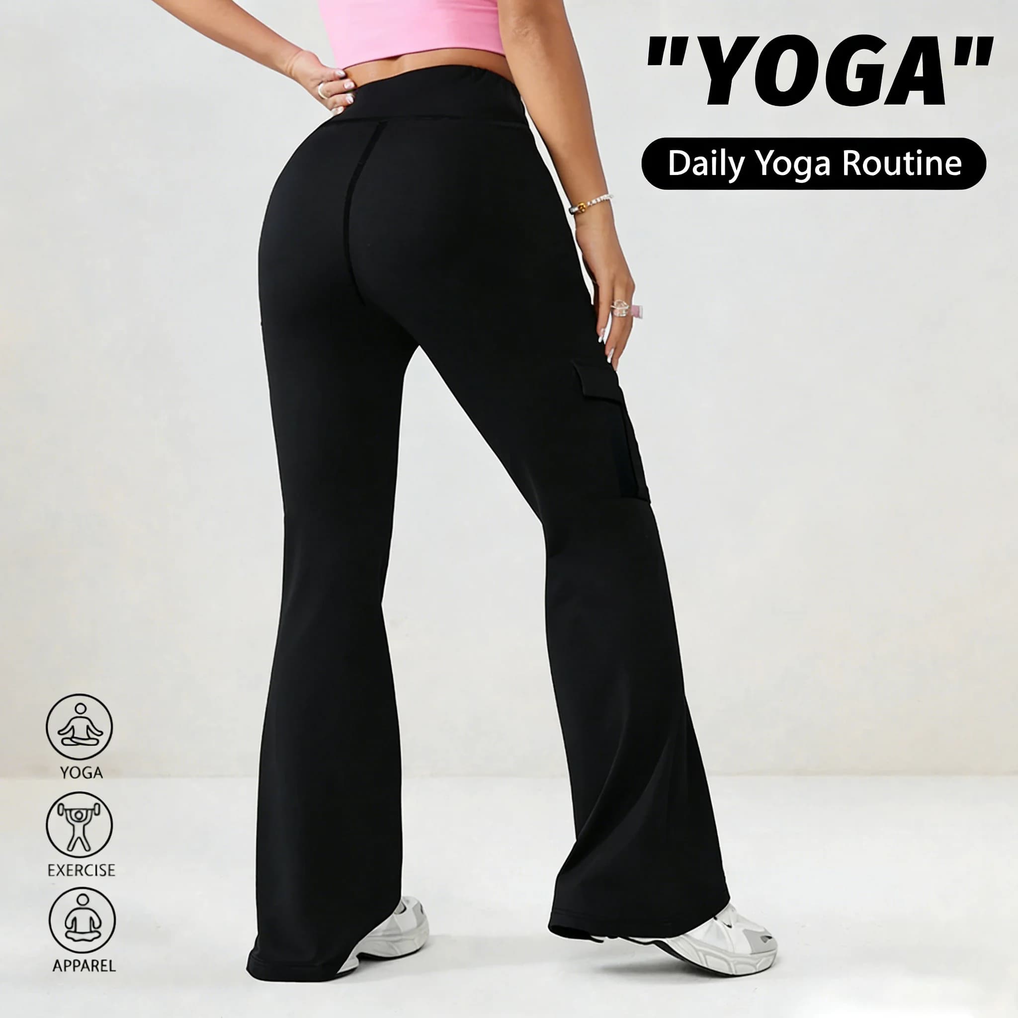 New Flared Cargo Leggings High Rise Elastic Waistband Breathable Fabric Perfect for Fitness Running and Fashion Street Style