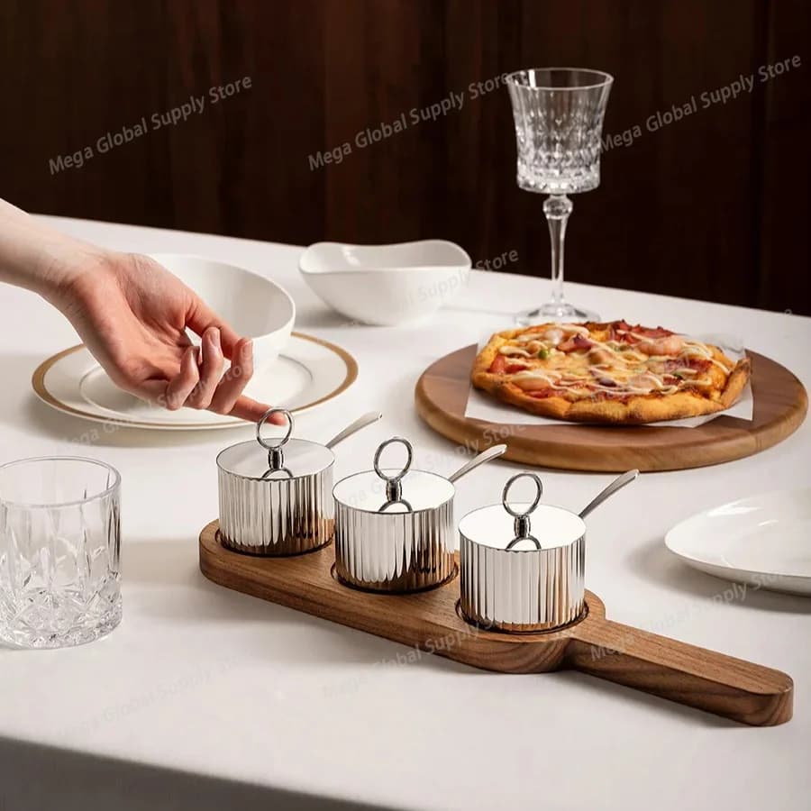 Premium Stainless Steel Condiment Jar Set with Walnut Tray, Spice Bowls with Spoons & Hangable Lids Server for Dining Table
