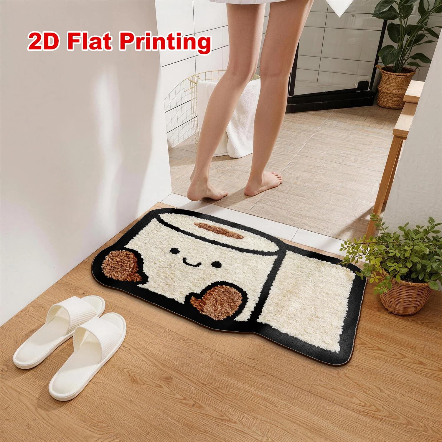 A yellow orange-print floor mat—soft, comfortable, machine-washable, plush, non-slip, and absorbent—perfect for the bathroom