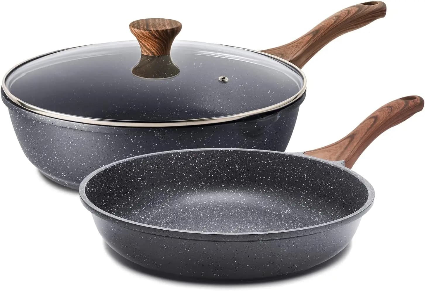 Set of Anti-adhesive pans with Granite coating, 9.5 and 12-inch bowls with lid, Compatible with Induction