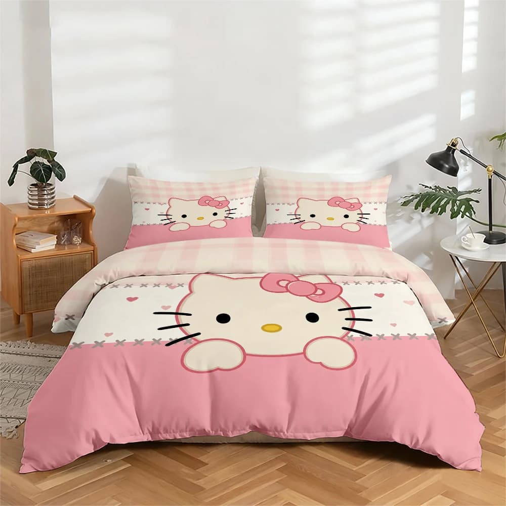 Digitally high-definition printed sheets set in 3 pieces, set with large flower print Hello Kitty, includes 1 sheet with corners + 2 pillowcase, suitable for bedroom, guest room, home decoration, sheet with polyester fiber corners + pillowcase, ultra soft bed linen, thick fabric, comfortable for all seasons, washable in washing machine.