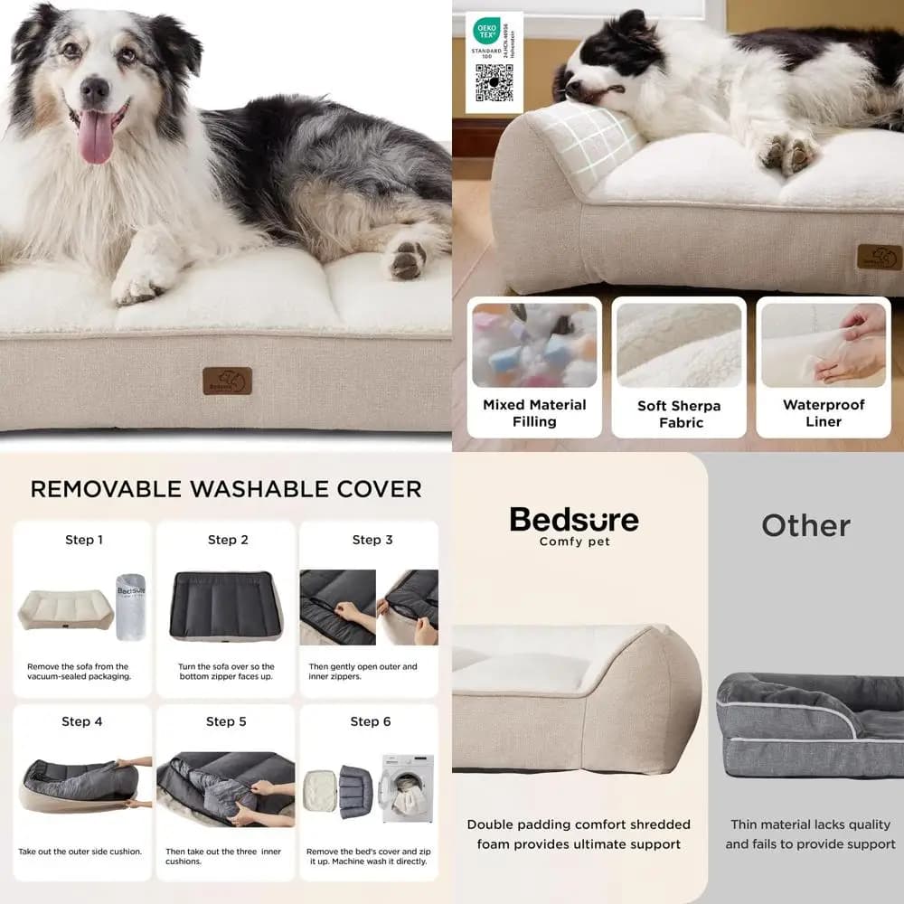 Letto per cani ortopedico extra large - Divano di supporto spesso con rivestimento impermeabile, lavabile, Sherpa in peluche, base antiscivolo, Beige