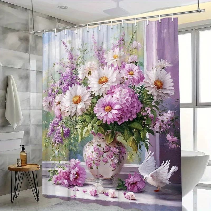 Tenda da doccia floreale da 1 pezzo con colombe bianche - Design stravagante romantico, poliestere, 12 ganci, elegante arredamento da bagno