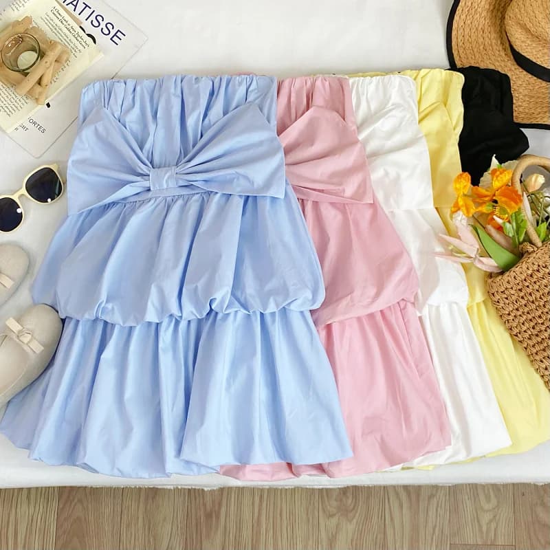 Sexy Short Knot Waist Cinching Pleated Bustle Dress Women's Summer New High Waist Cake Skirt Style Sleeveless Dress
