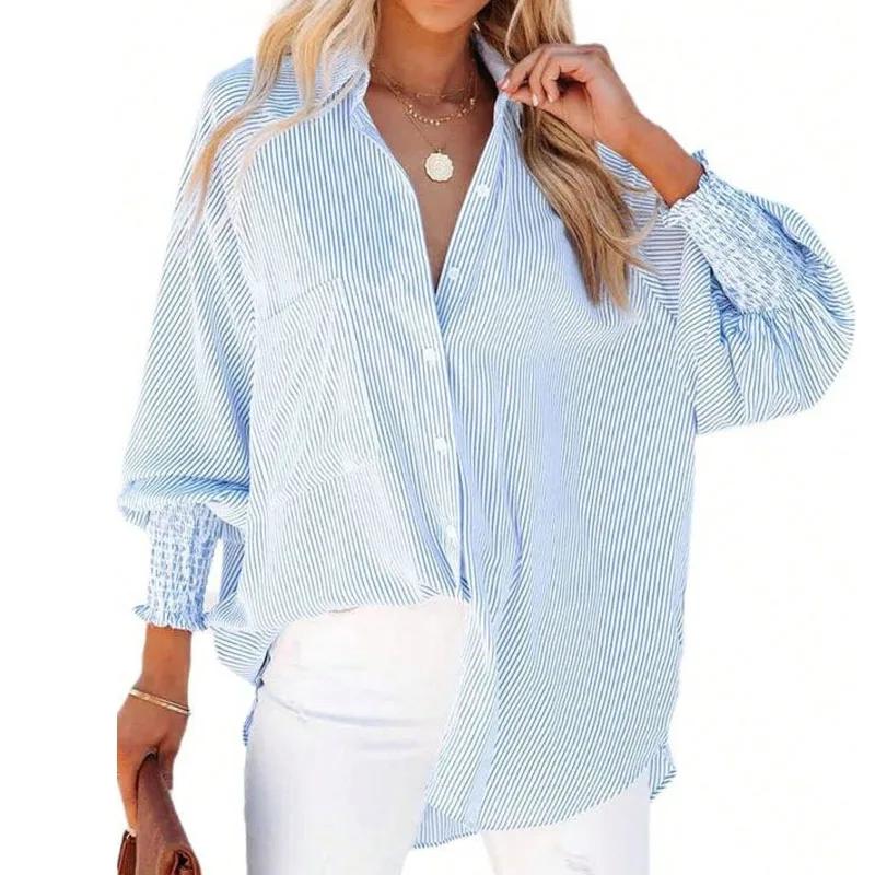 Camicetta da Donna Nuova a Maniche Lunghe con Colletto Rovesciato, Camicia Casual a Righe, Top e Bluse da Donna Q878