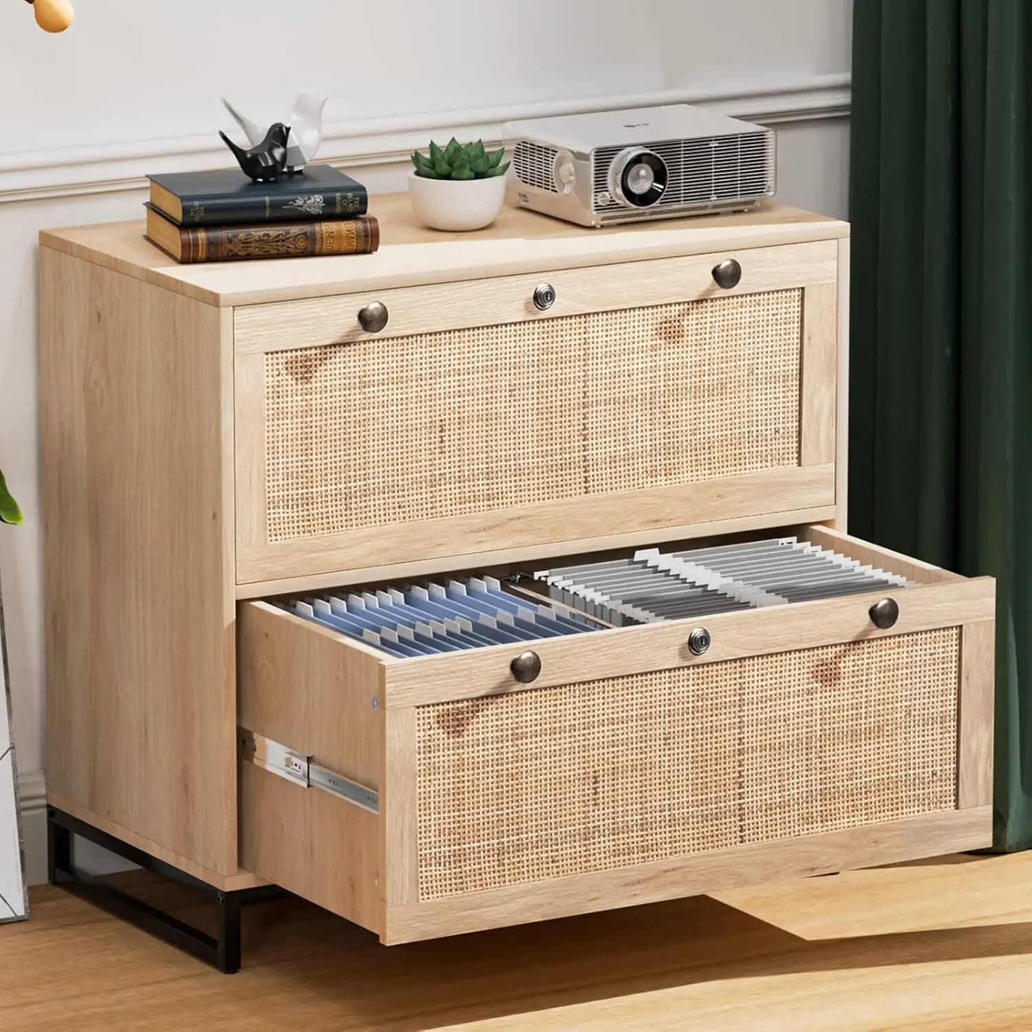 Wood Rattan 2 Drawer File Cabinet with Lock, Metal Handles for Letter/A4/Legal Folders, Home Office, 30"x16"x28", Customized