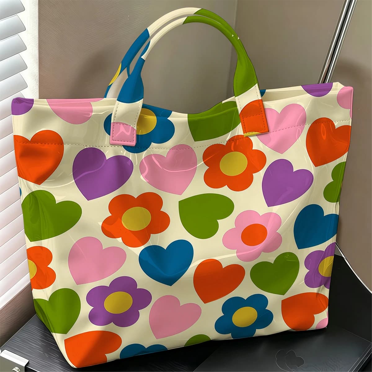 Retro Heart Floral Fashion Large Glossy PVC Tote Bag Hand Washable Waterproof Perfect Travel Commute Cosmetic Storage Shopper