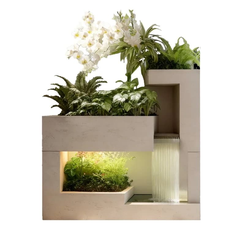 Tavolo d'ingresso moderno e semplice con bordo in acqua, design creativo, decorazione con piante in vaso e acqua che scorre
