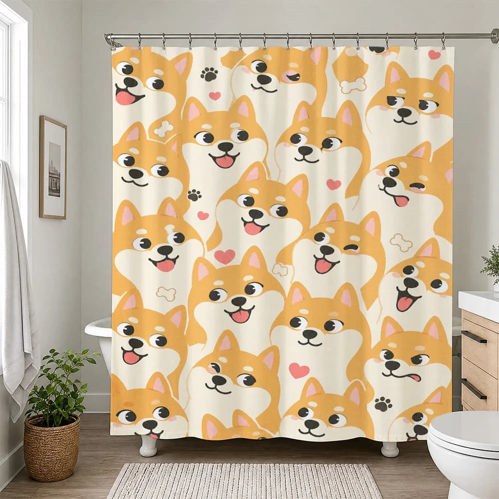 Cute Shiba Inu Dog Shower Curtain Waterproof Bathroom Decor Funny Puppy Pattern Shower Curtain Liner